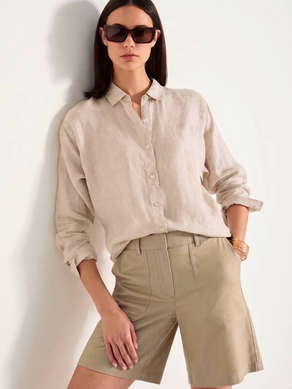 J.Jill Beige 100% Linen Long Sleeve Button-Front Shirt, size L